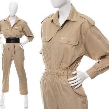 Vintage 1980s Jumpsuit | 80s Khaki Cotton Workwear Style Long Sleeve Minimalist Utility Fatigues Coveralls (small/medium) 