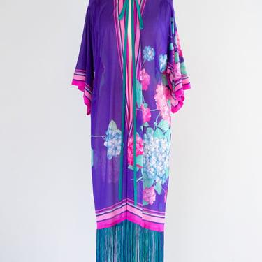 Tropical 1970's GOTTEX Vintage Violet Hydrangea Fringe Robe Cover-up / Sz M