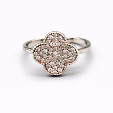 90's sterling vermeil pave crystal size 6.25 shamrock ring, GM 925 silver CN light gold wash clover bling ring 