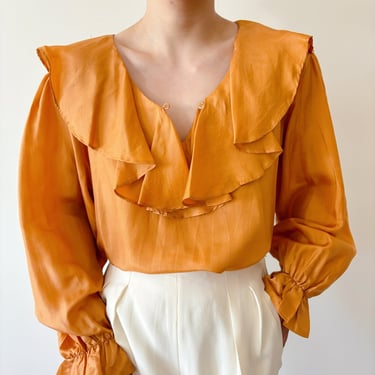 Silk Poet Blouse Ruffle Blouse matte Silk Blouse Oversized Silk Shirt Simple Silk Blouse Puff Sleeve Blouse orange size M 
