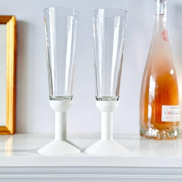 Pair Bodum Oktett Champagne Flutes Glasses White Stem, JAZZ Danish Karsten Jorgensen Vintage Post Modern 80s Retro, Wedding Toast Glasses 