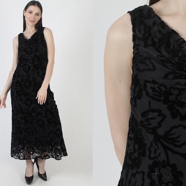 Black Velvet Burnout Dress, Y2K Long Sundress, Womens 2000s Silk, Eva Blue Slip Gown 