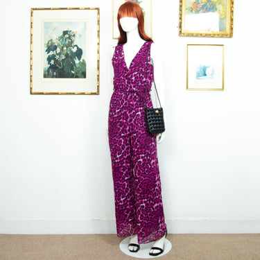 Vintage 1990s Purple Maxi Jumpsuit Animal Print Wide Leg Sleeveless Size M UK 12-14 