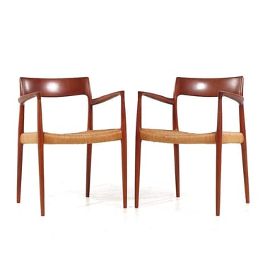 Niels Moller Model 57 Mid Century Danish Teak and Rope Captains Dining Chairs - Pair - mcm 