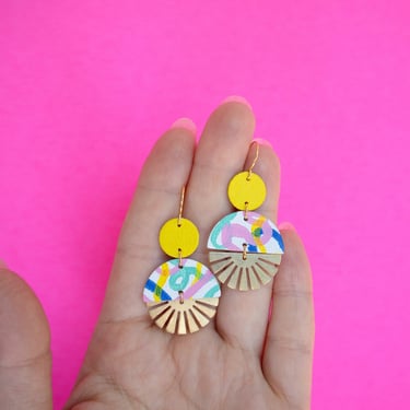 Radial Baby Burst Earrings in White + Colourful Squiggle Pattern w/ Yellow Circle - Reclaimed Leather Statement Art Deco Earrings 