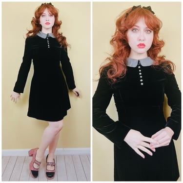 1980s Vintage "Be Art" Black and Grey Velvet Dress / 80s Taffeta Trim Peter Pan Collar Dress / Medium 