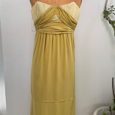 Vintage Olive & Cream Empire Waist ! 100% Silk Maxi Dress with Ruffle Hem – Size Small 