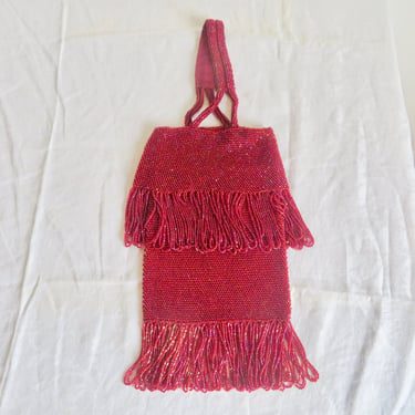 1920's 30's Art Deco Red Glass Beaded Wristlet Purse with Fringe Flapper Great Gatsby Style Wrist Bag Formal Evening Cocktail 
