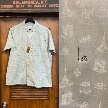 Vintage 1950’s -Deadstock- Paris Eiffel Tower Cotton Loop Collar Rockabilly Shirt, Marlboro Label, 50’s Vintage Clothing 