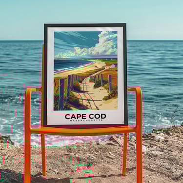 Cape Cod Massachusetts Beach Illustration: Coastal Travel Souvenir Wall Art Print for USA Decor 
