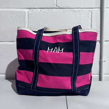 90s Vintage zipper closure  LL Bean pink and navy striped Canvas Boat n Tote Bag Made in USA 