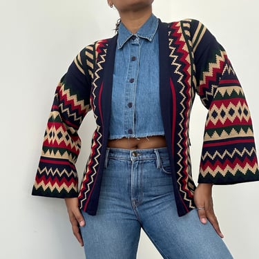 70s  Missoni Print Cardigan | Vintage Open Front Cardigan | 70s Rainbow Sweater | 70s Bell Sleeve Sweater Cardigan | Medium 