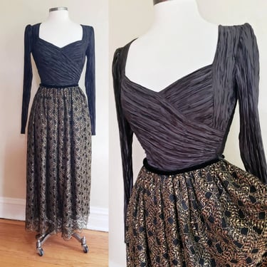 1980s Mary McFadden Couture Evening Dress Gold Brocade Skirt Fortuny Pleated Top / 80s Gala Ball Gown Red Carpet American Designer / S 
