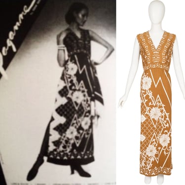 Paganne by Gene Berk 1972 Vintage Documented Floral Geometric Print Jersey Maxi Dress 