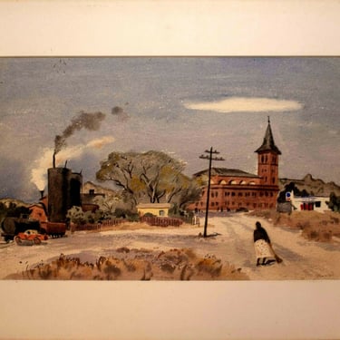 Tom Craig Woman Walking with Steam Train Signed Watercolor Painting 