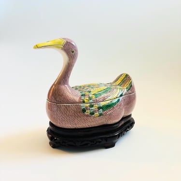 Chinese Porcelain Duck Tureen on Carved Wood Stand 
