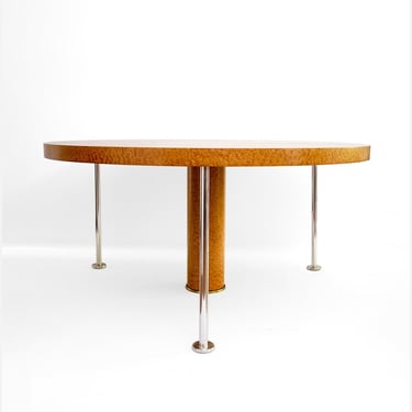 Ettore Sottsass, "Ospite" round dining table with Bria wood veneer and 3 silver plated legs