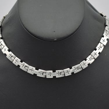 80's Taxco sterling crosses on barbells choker, heavy Modernist Mexico TT-15 925 silver rocker necklace 