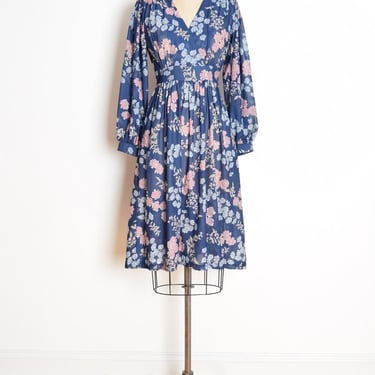 vintage 70s dress navy floral print sheer cottagecore hippie boho midi M L clothing 