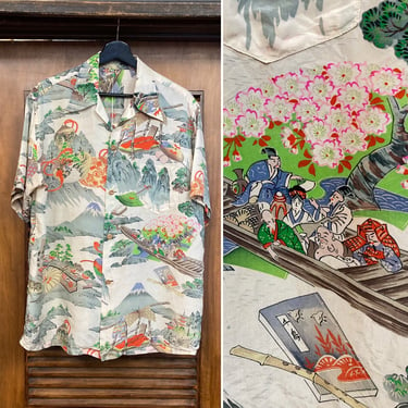 Vintage 1940’s Asian Japan Pattern Sill Hawaiian Shirt, 40’s Hawaiian Shirt, Vintage Silk Shirt, Vintage Top, Vintage Clothing 