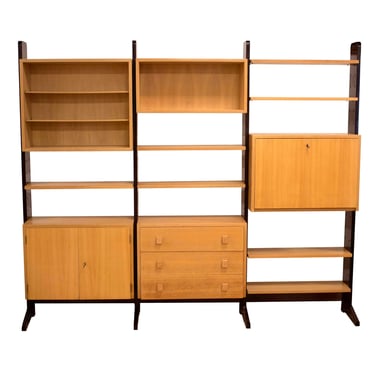 3 Bay Modular Wall Unit Bookshelf w Cabinets Free Standing Mid Century Modern 