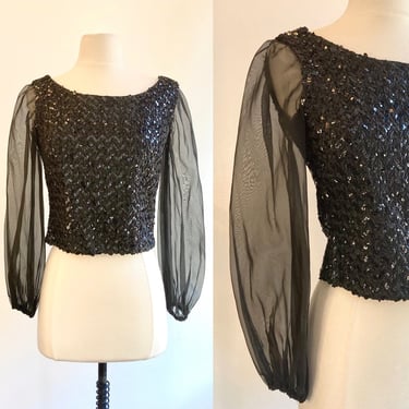 Vintage 60s MOD SEQUIN + CHIFFON Top Blouse / Cropped + Sheer Balloon Sleeves 