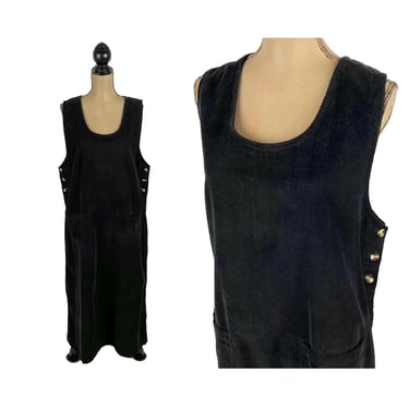 Plus Size 90s Black Corduroy Maxi Dress XL, Sleeveless Long Jumper Dress with Patch Pockets 1990s Clothes Women Vintage CABIN CREEK Size 16W 