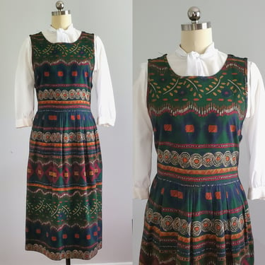 1990s Jumper Dress with Beautiful Folksy Design by Brynn Connelly - 90s Pinafore Dress - 90s Women's Vintage Size 
