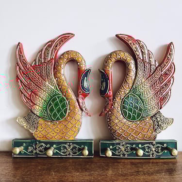 Vintage Thai Wooden Swan Wall Hooks 