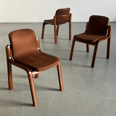 1 of 3 Vintage Mid-Century Modern Dining Chairs in Wood and Brown Padded Upholstery, Scandinavian Style, 1980s 