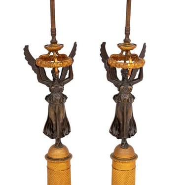 French Empire "Winged Victory" Bronze Lamps, Pair