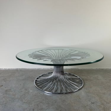Mid-Century Italian Design Sculptural Chrome Base Coffee Table W/ Glass Top 