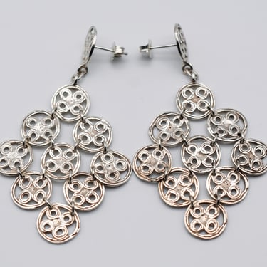 70's sterling mystic spirals chandelier dangles, primitive tribal 925 silver kite shape boho earrings 