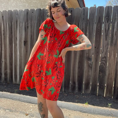 70s tropical printed red terry cloth dress/beach coverup 