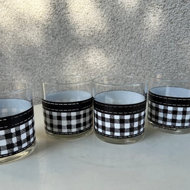 Vintage 1970s Georges Briard highball glasses black white gingham theme set 4 