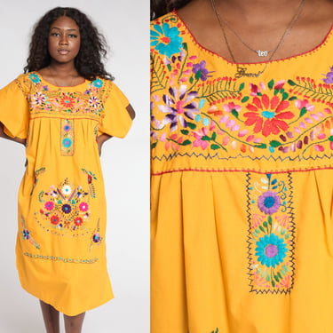 Floral Mexican Dress 90s Golden Yellow Embroidered Midi Dress Hippie Day Tent Bohemian Puebla Festival Vintage 1990s Cotton Extra Large L XL 