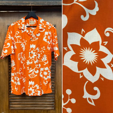 Vintage 1950’s Orange x White Cotton Tiki Loop Collar Hawaiian Shirt, 50’s Vintage Clothing 