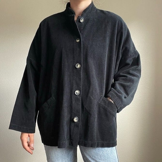 Bryn Walker Lagenlook Black Cotton Oversized Relaxed Corduroy Chore Jacket Sz M 