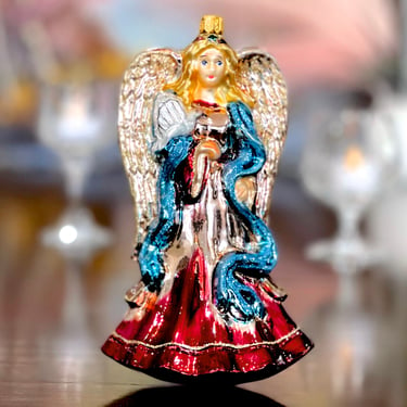 VINTAGE: 6.5" Large Angel Glass Ornament - Blown Figural Glass Ornament - Hand Painted Ornament - SKU 30-410-00040086 