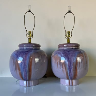1980's Vintage Lavender Iridescent Ceramic Glaze Table Lamps - a Pair 