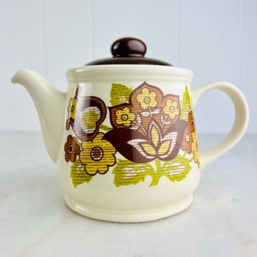 Vintage Sadler Teapot, 4+ cup, Harvest brown, green floral graphic design, made in England, circa 1940s, for country farmhouse decor, gift 