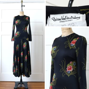 designer vintage 1970s Diane Von Furstenberg dress • rare style with long draped skirt in slinky nylon jersey 