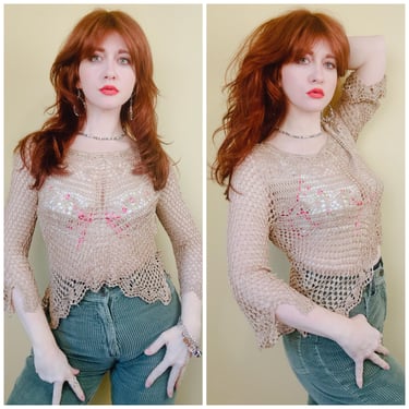 Y2K Bette Paige Taupe Crochet Sheer Blouse / 90s Brown Viscose Open Flared Sleeve Shirt / Petite Large 