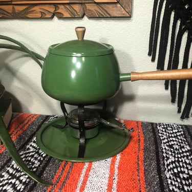 Mid Century French Enamelware Green Fondue Pot Lidded Saucepan 