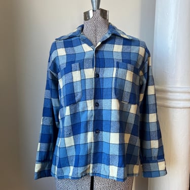 1950’s blue and white plaid wool loop neck collared shirt 