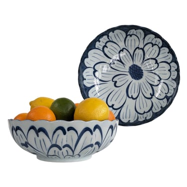Vintage Floral Serving Bowl, Blue and White Hand Painted Bowl, Chrysanthemum Chinoiserie Bowl 