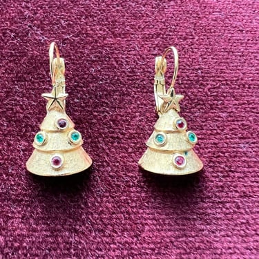 1950s Vintage Gold Jeweled Christmas Tree Pierced Earrings Gifts for Her Present 
