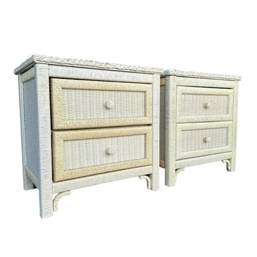 Set of 2 Henry Link Wicker Nightstands FREE SHIPPING - Vintage White Wrapped Rattan Coastal Boho Chic End Tables Pair 