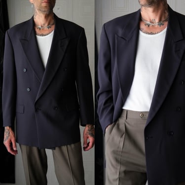 Vintage 80s PIERRE CARDIN Black Gabardine Longline Peak Lapel Double Breasted Blazer | Made in USA | 1980s French Designer Mens Jacket 