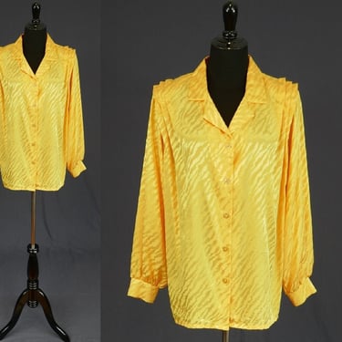 80s Golden Yellow Blouse - Jagged Bolts in Weave w/ Sheen - Long Sleeves, Pleats, Shoulder Pads - Oraré - Vintage 1980s - L XL 